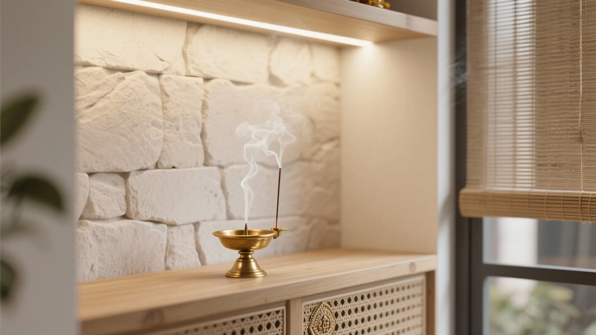 NE Pooja Nook with Soft Light and Natural Materials