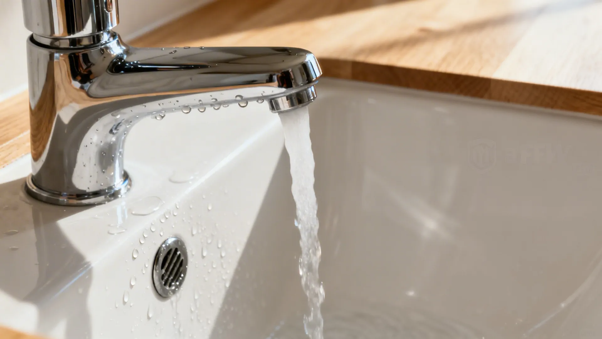 Macro of chrome faucet and matte sink in north-east corner with clean drainage and soft morning light.