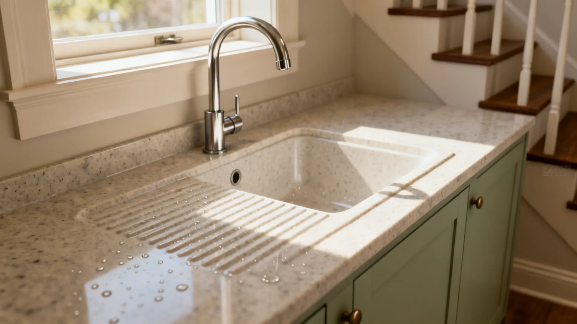 Macro of the north-east sink with daylight, quartz drainer, and sage cabinetry.
