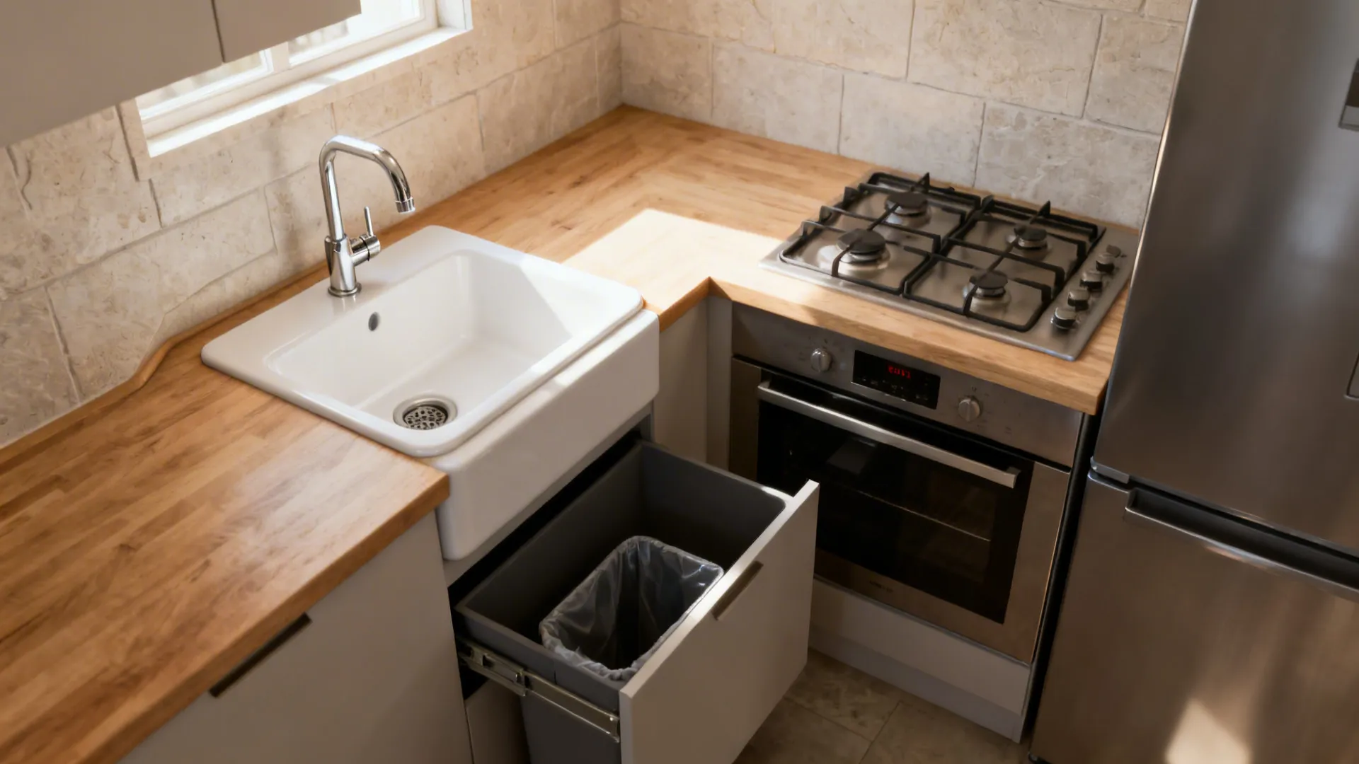 North-east sink and purifier in a compact kitchen with bright morning light and a short work triangle.