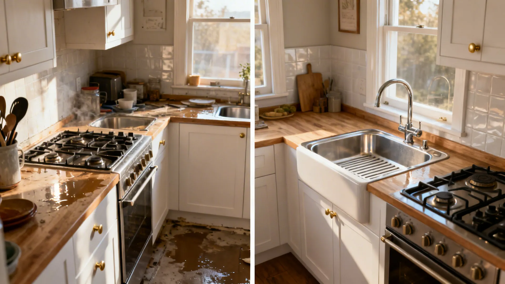 Before-and-after comparison of a messy flooded kitchen floor versus a clean renovated white kitchen layout
