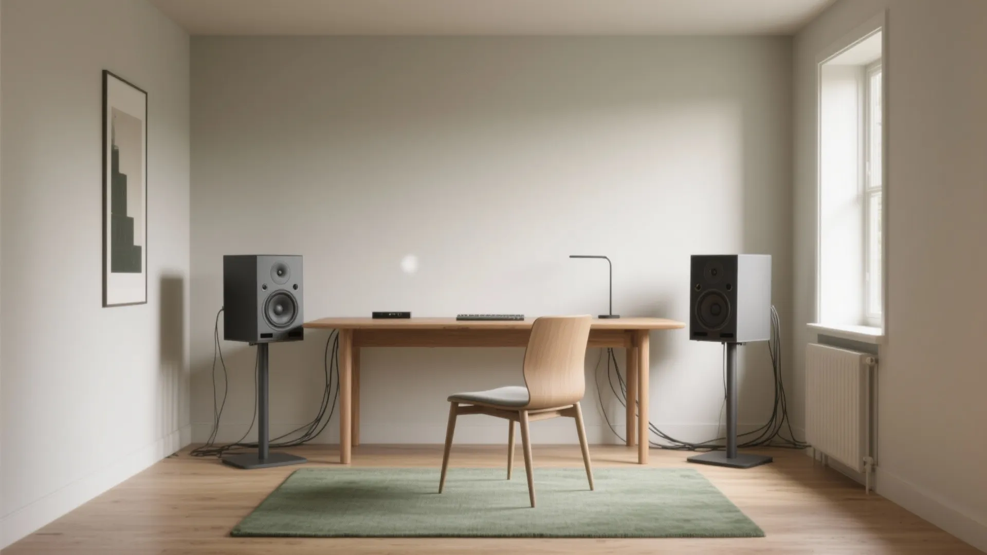 Minimalist home office setup with wooden desk simple chair black speakers green rug and white walls