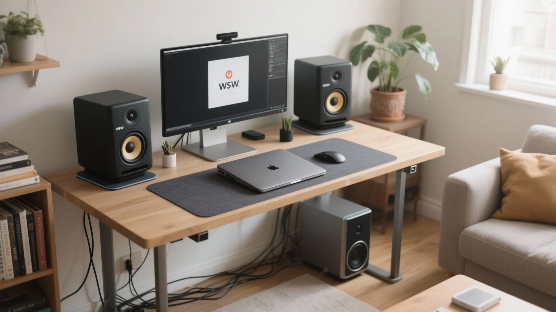 Nearfield desktop stereo with compact monitors, isolation pads, and a tiny sub under the desk.