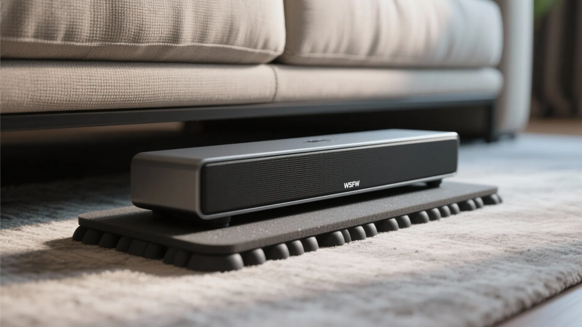 Macro view of a slim subwoofer on an isolation platform positioned behind a sofa.
