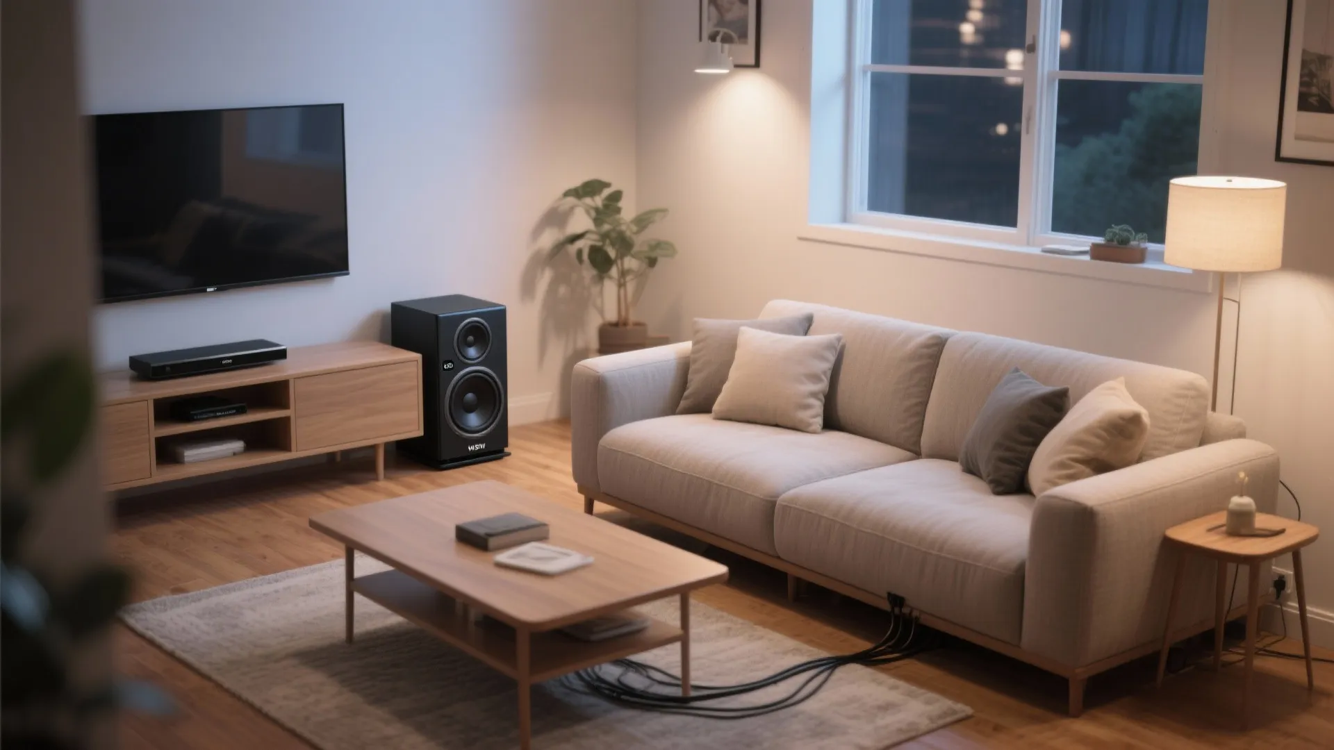 Slim sealed subwoofer placed behind a sofa with isolation platform in a compact living room.