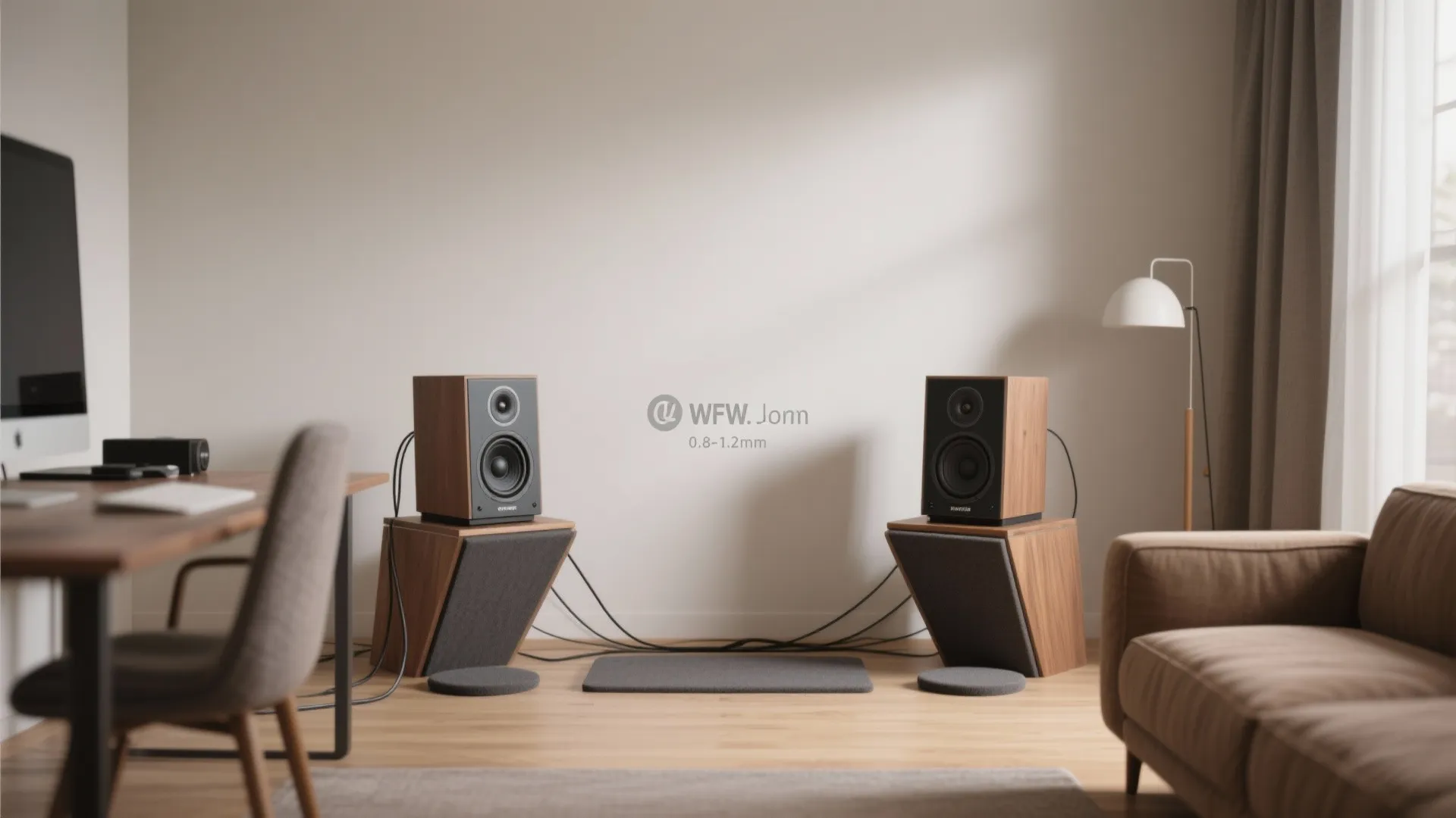 Nearfield listening setup with compact speakers aimed at ear height and a close seating position.