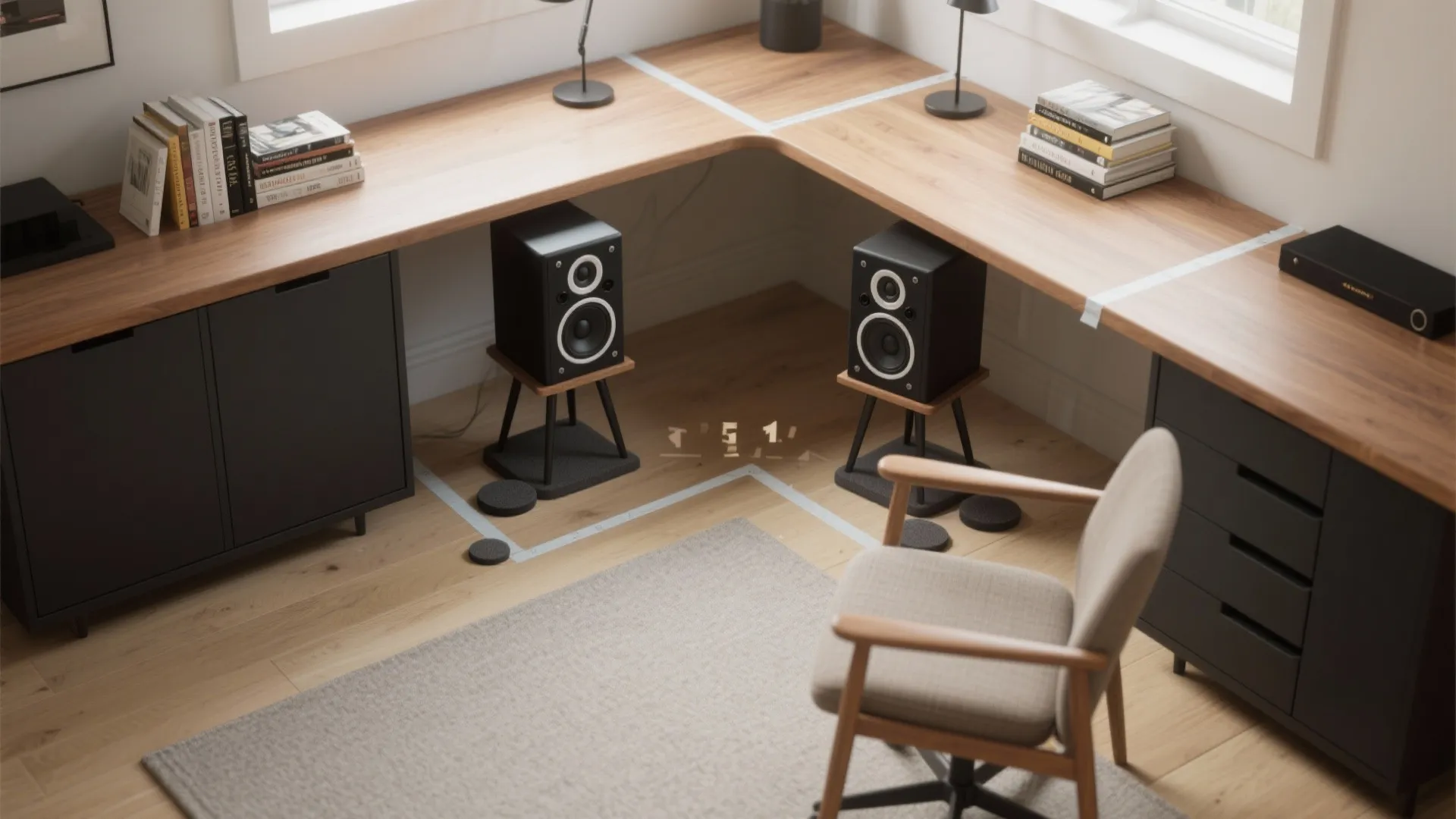 Top-down view of a nearfield triangle with speakers on stands, felt mat, and isolators in a small office.