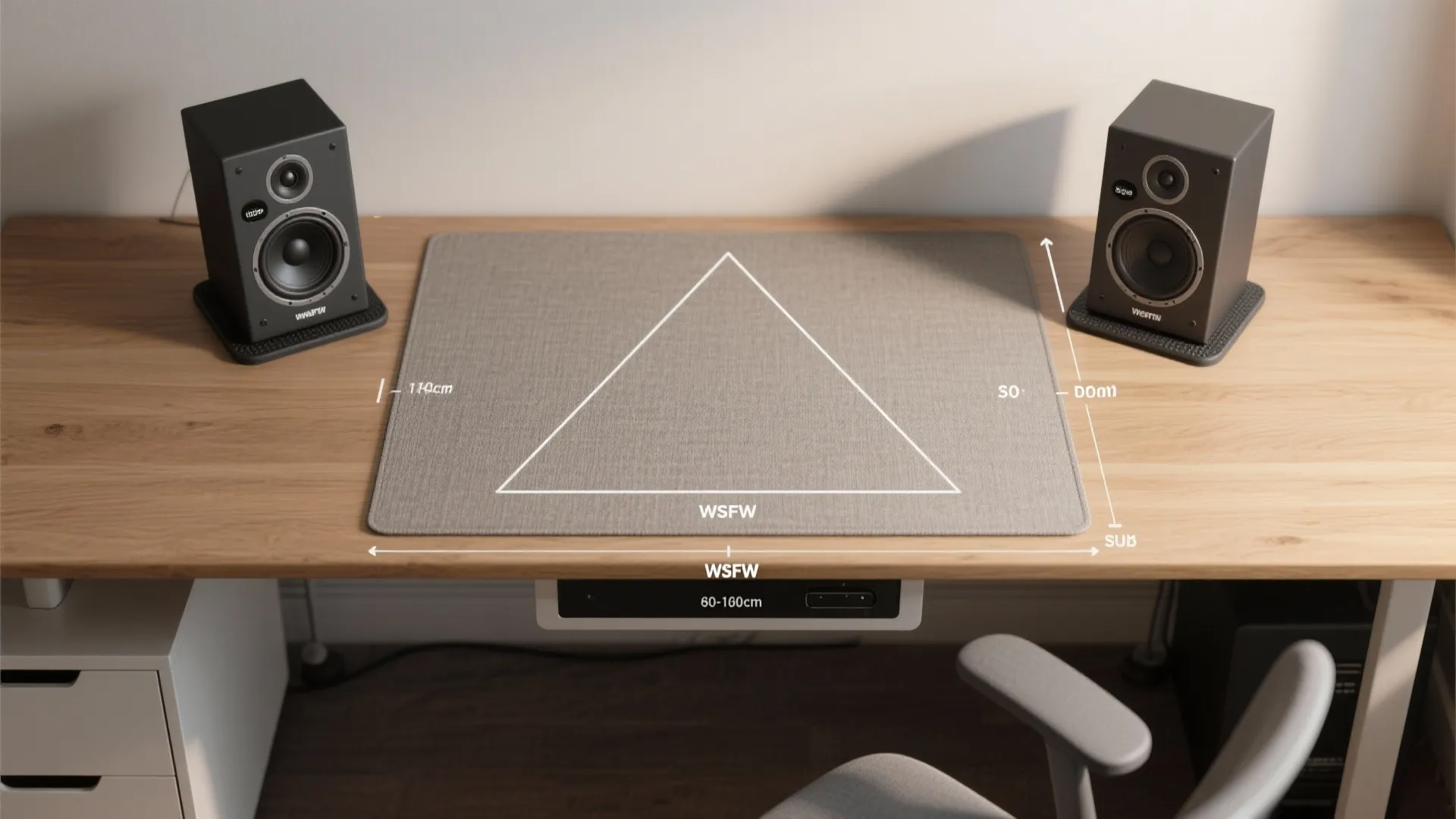 Top-down view of a desk showing nearfield equilateral triangle speaker placement and sub location.