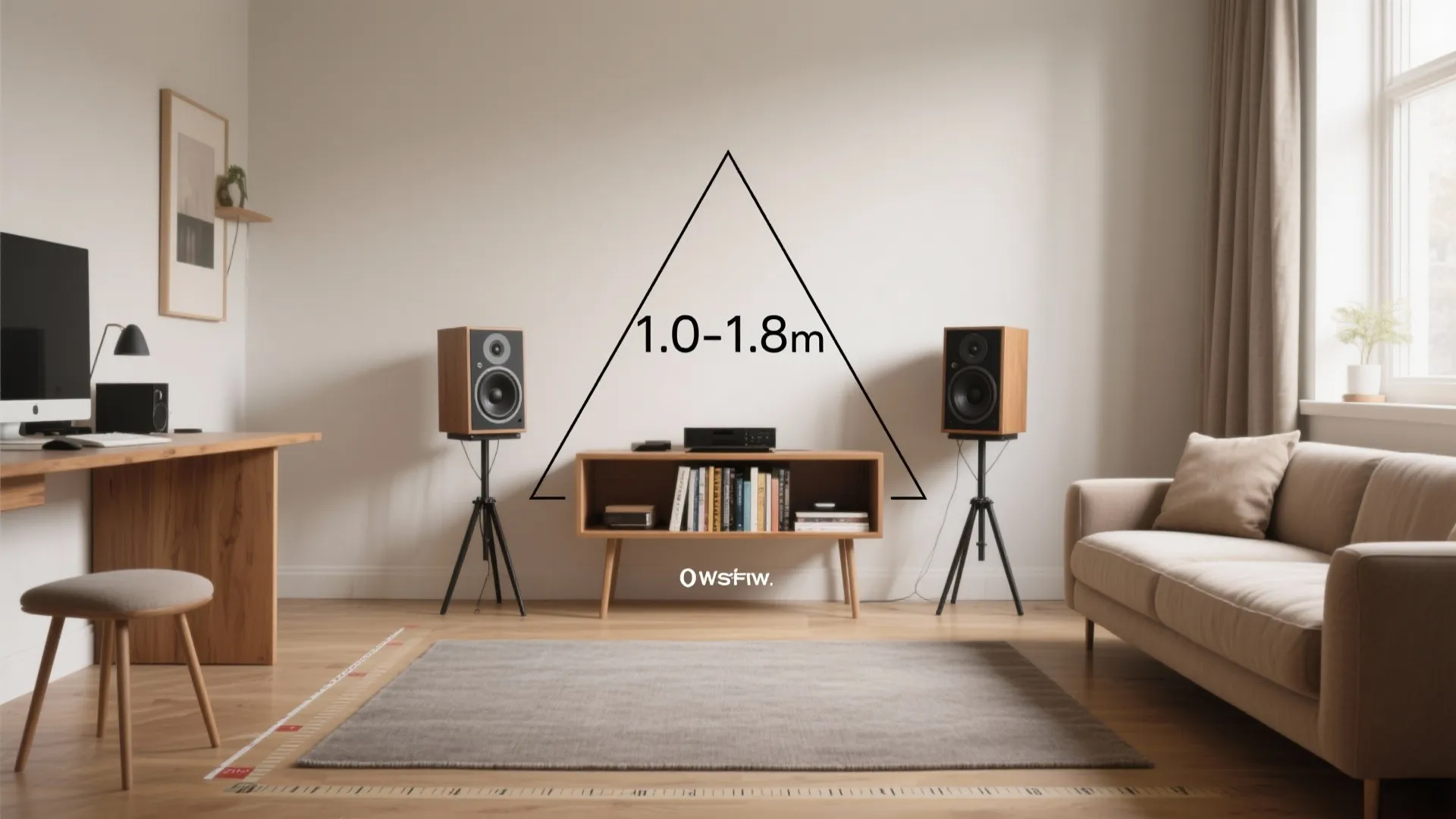 Living room with two speakers on stands and a triangle diagram showing distance on wooden floor