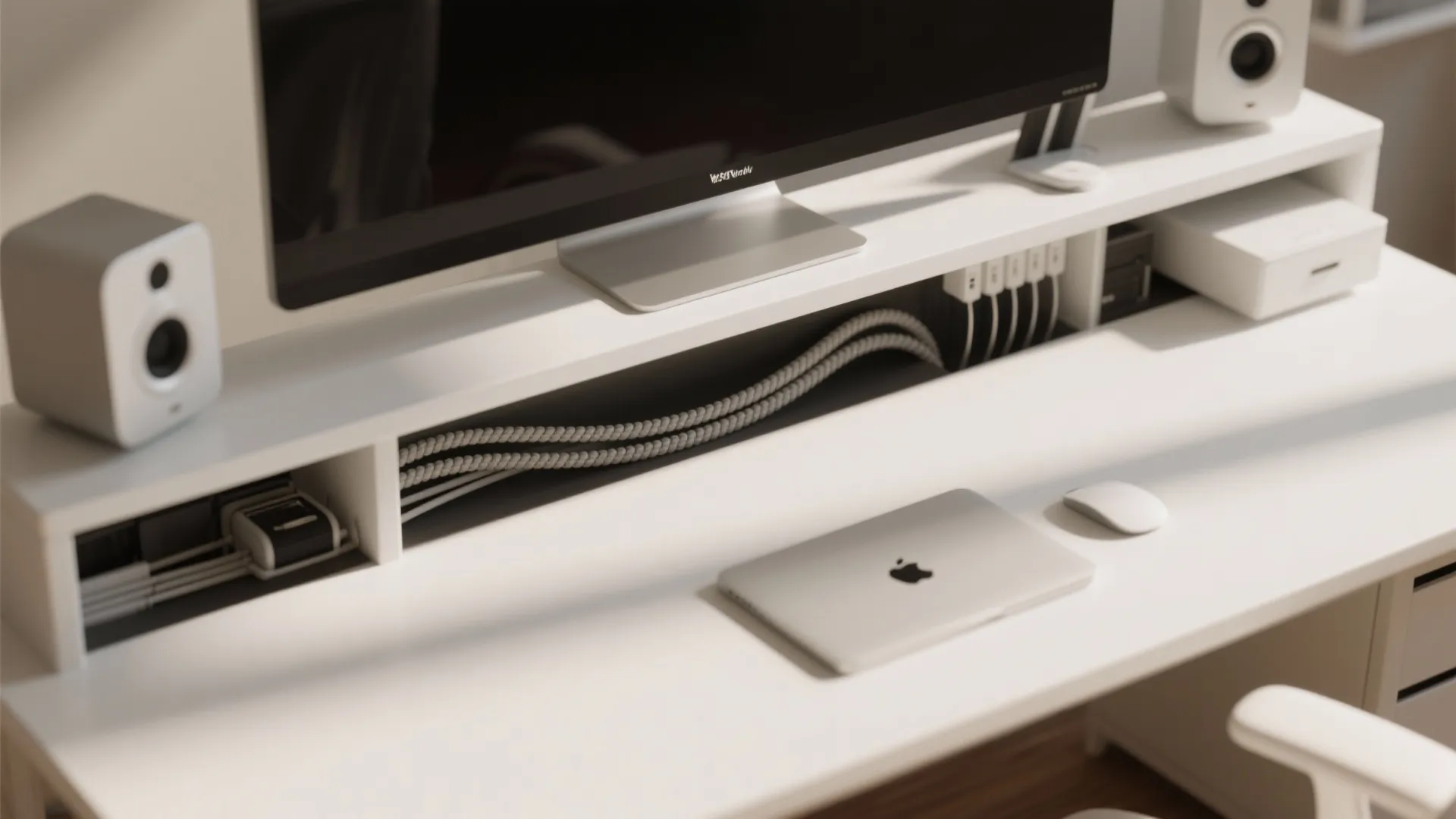 Clean white desk with monitor stand organized cables laptop mouse and small white speakers on top