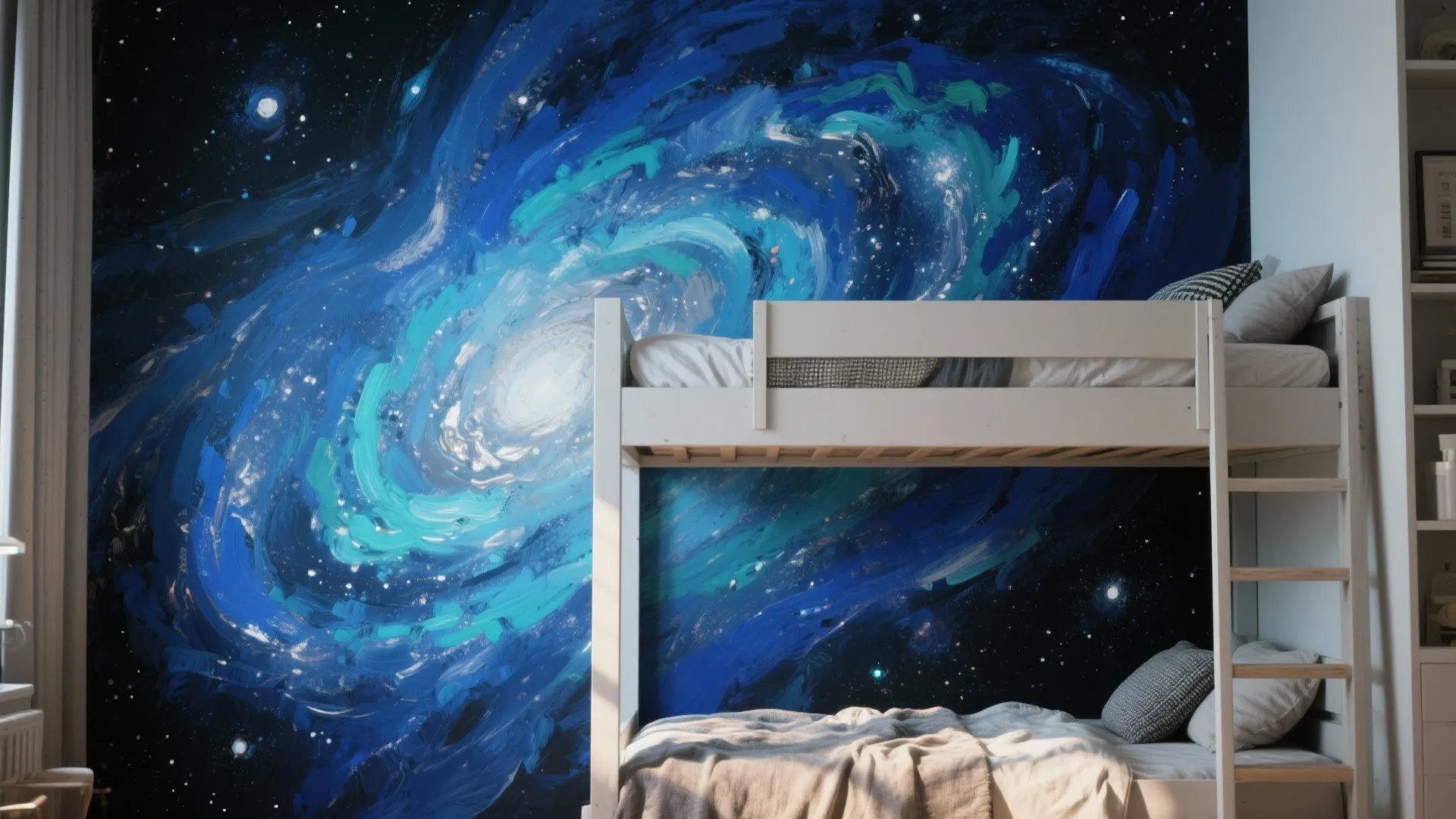 Kids bedroom with white bunk beds against a large blue and white painted galaxy wall