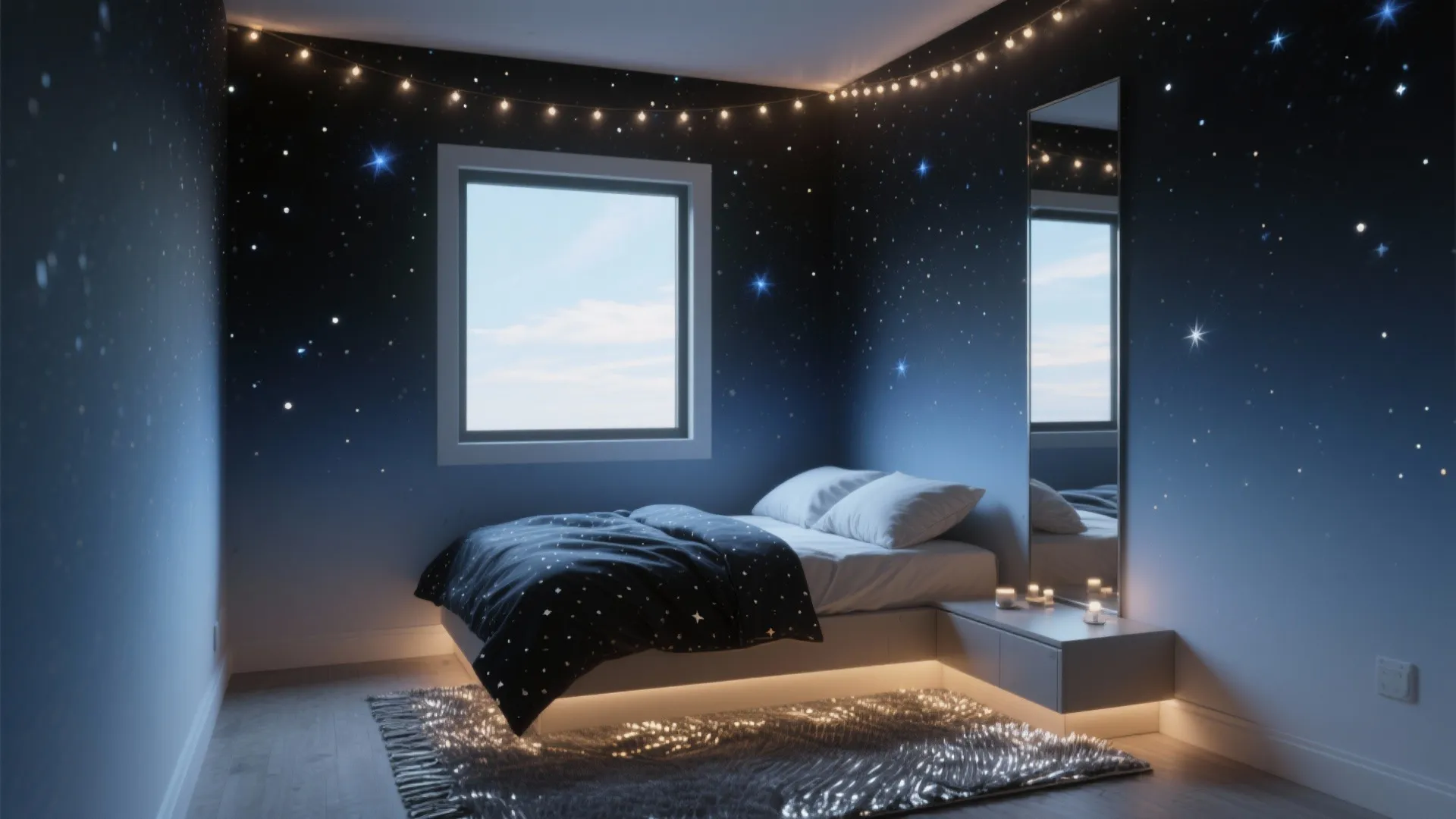 Modern bedroom with starry wallpaper hanging string lights a tall mirror and white bedding set