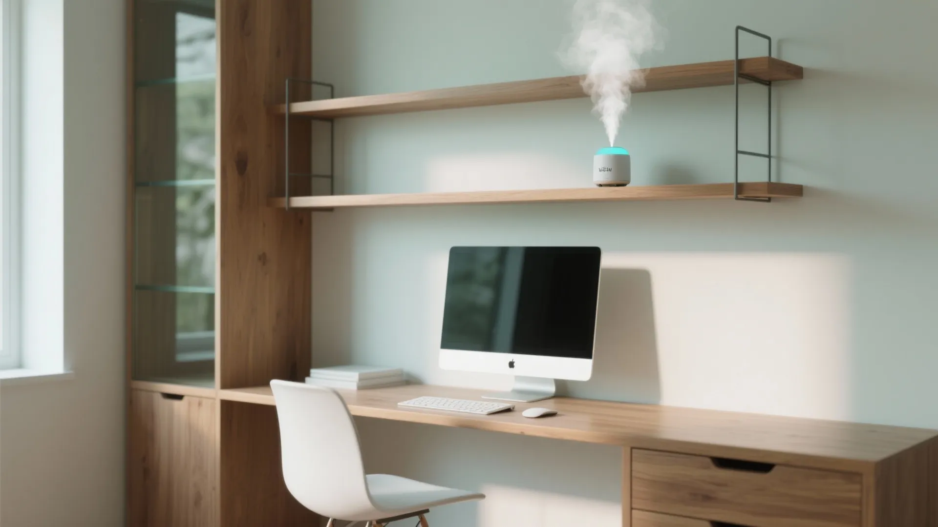 Minimalist home office with a nebulizing diffuser on an upper shelf.