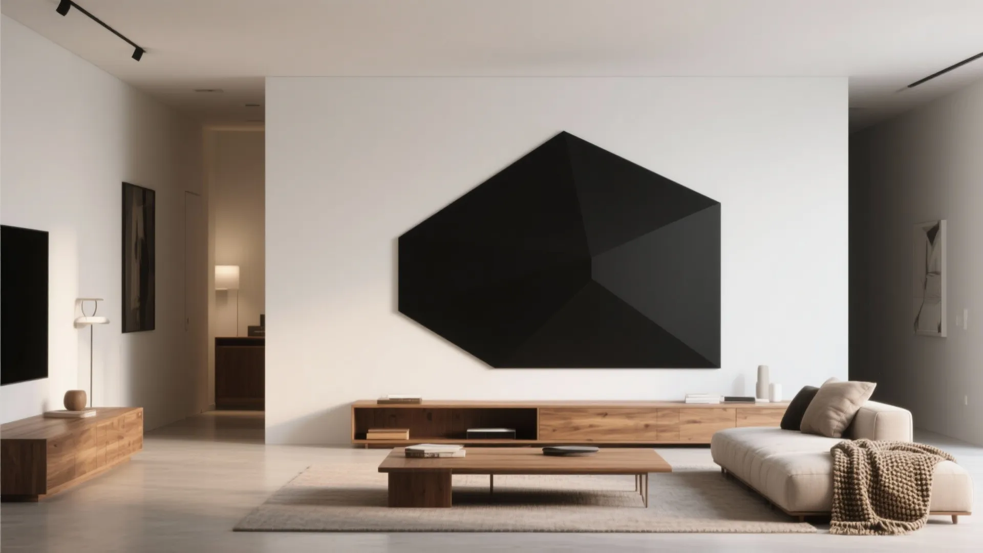 Minimal living room with a large black geometric block on a white wall and warm wooden accents.
