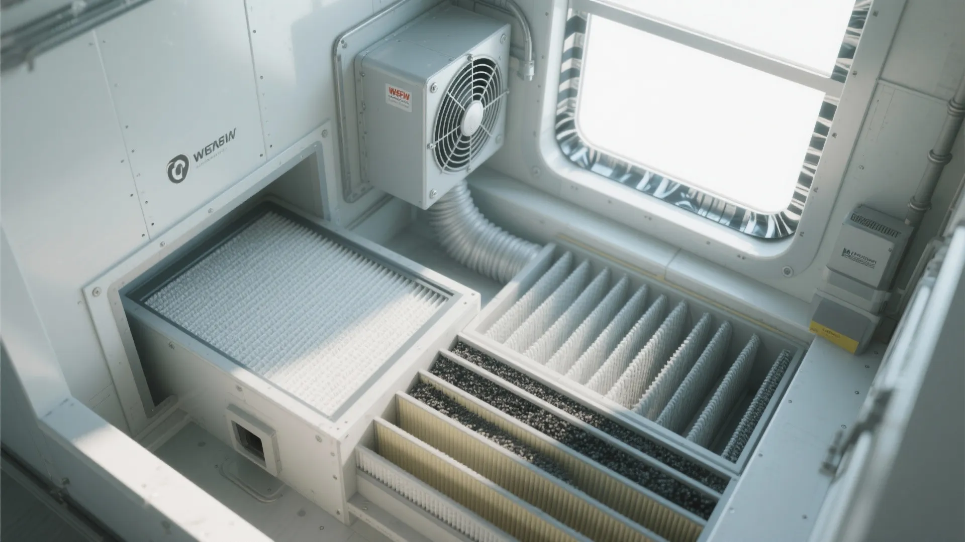 White air filter machine with cooling fan and multiple layers inside a bright white room