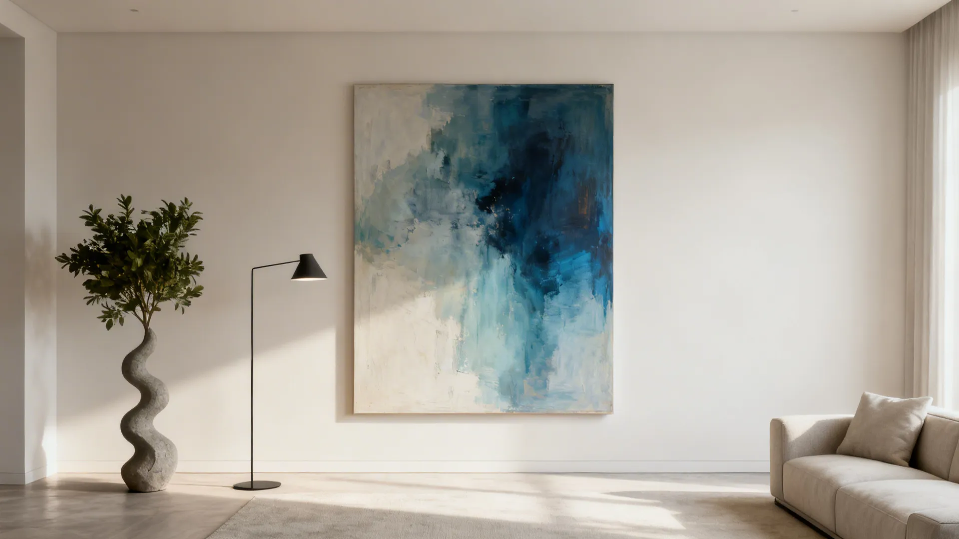 Minimalist living room showcasing a very large abstract with generous negative space and a sculptural plant.