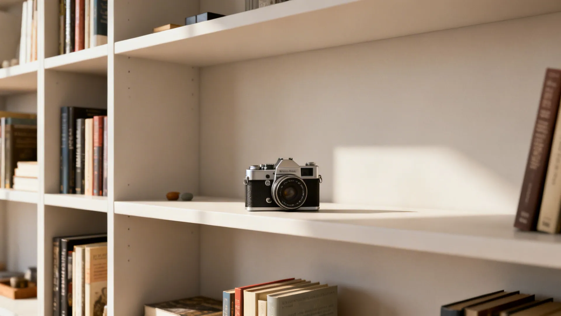Bookshelf with deliberate negative space highlighting a single vintage camera on an otherwise airy shelf.