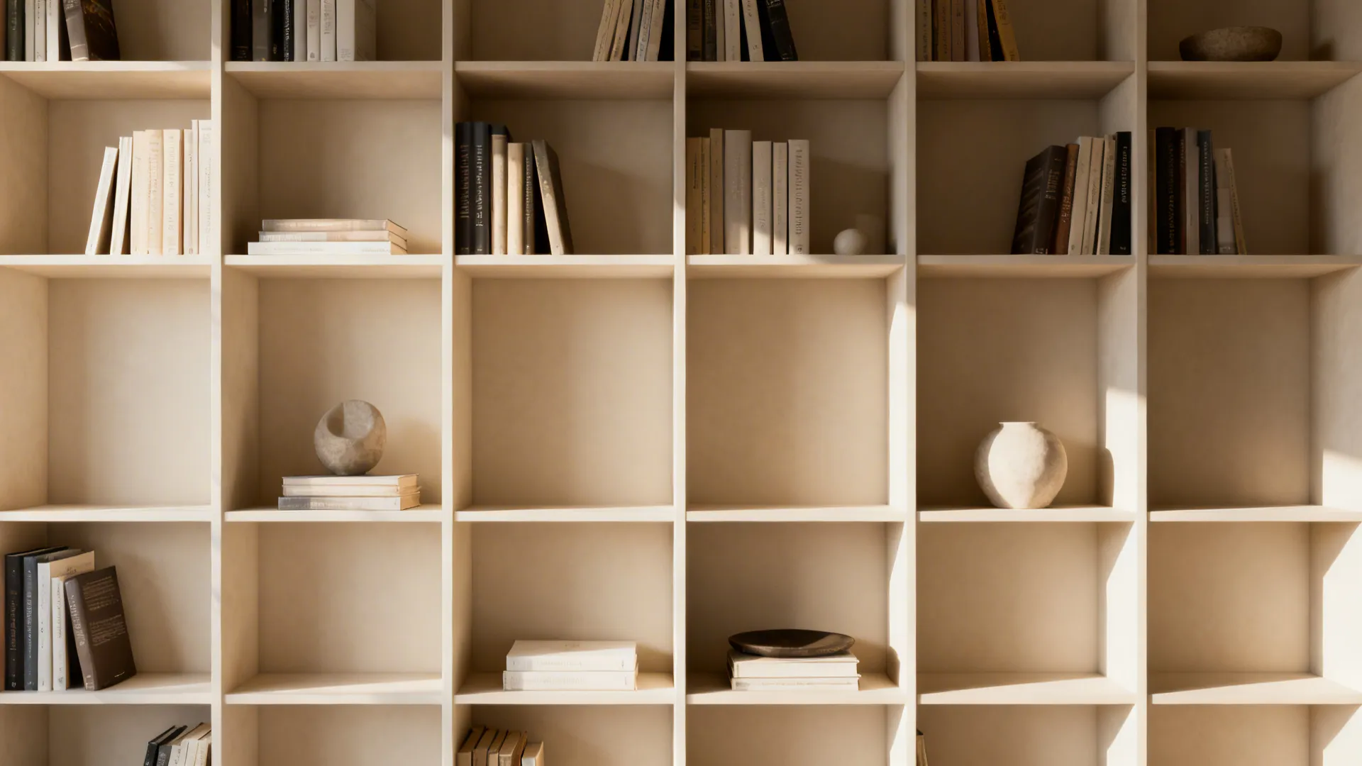 Bookshelf showing intentional empty gaps and curated objects to create breathing space.