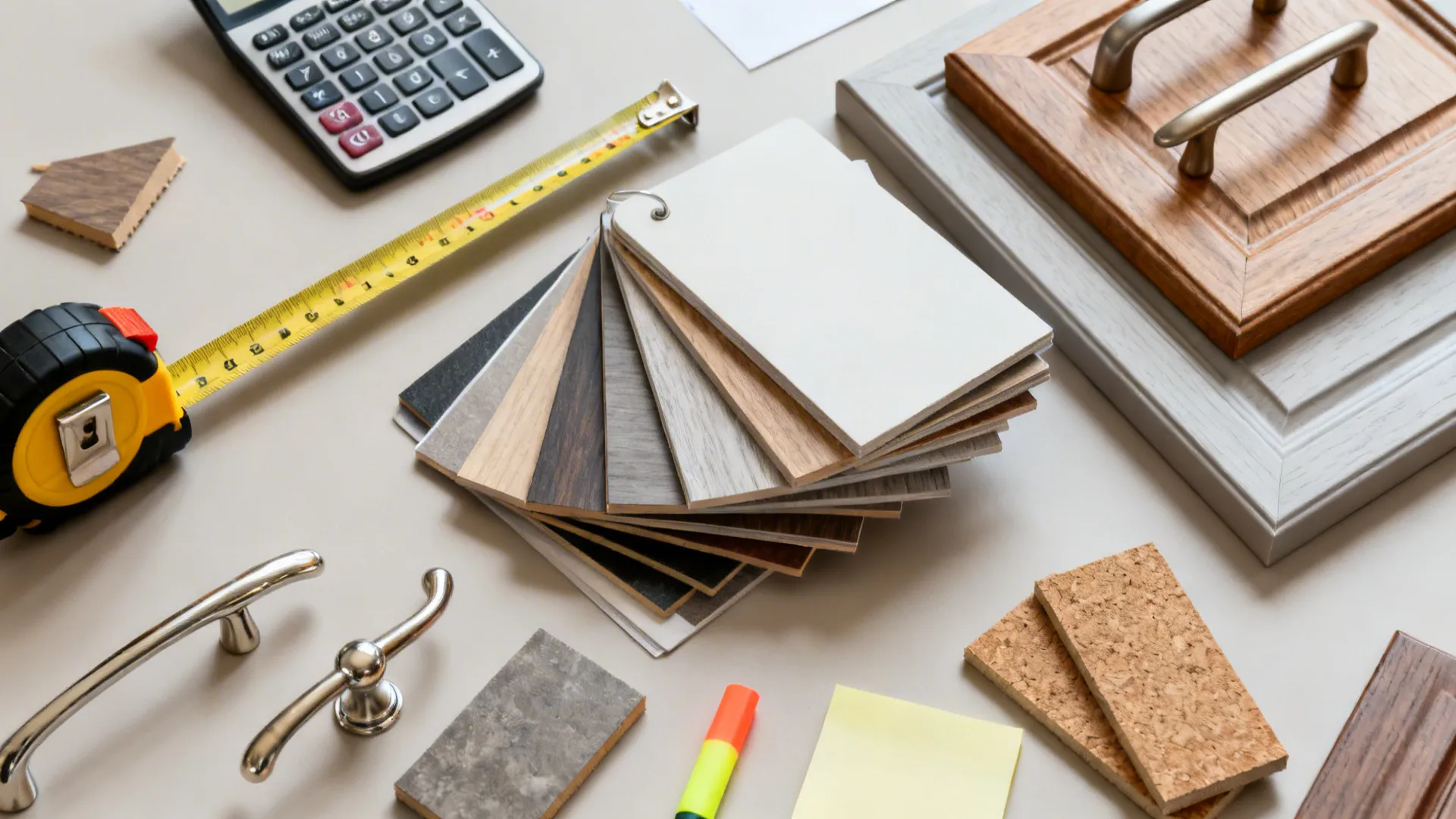 Flat lay with tape measure, calculator, hardware and board samples to imply negotiation prep.