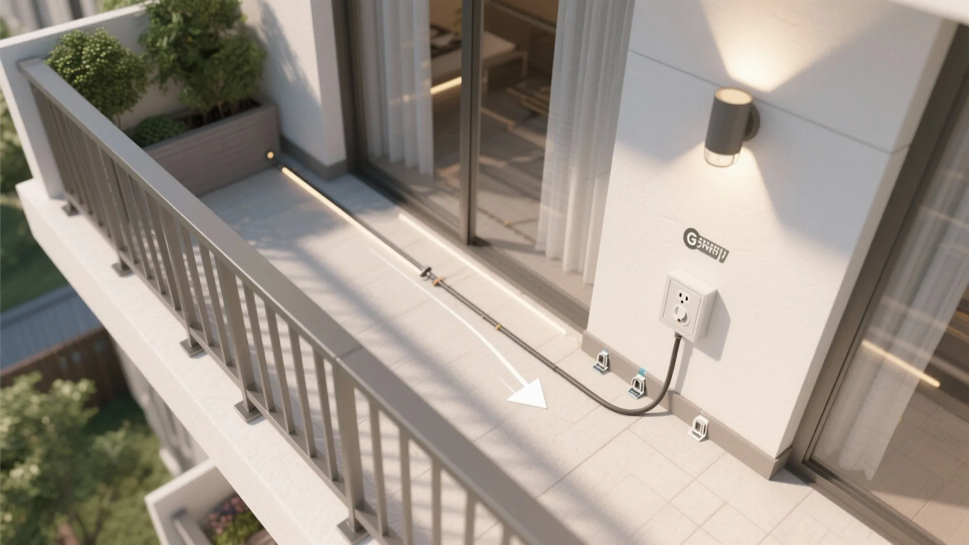 Outdoor balcony floor with waterproof power outlet cable management clips wall light and white pointing arrow