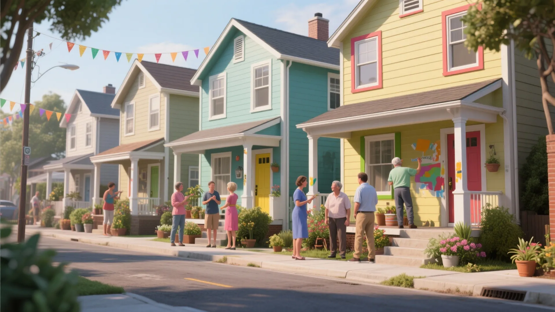 Coordinated color accents across several small houses create a unified streetscape.