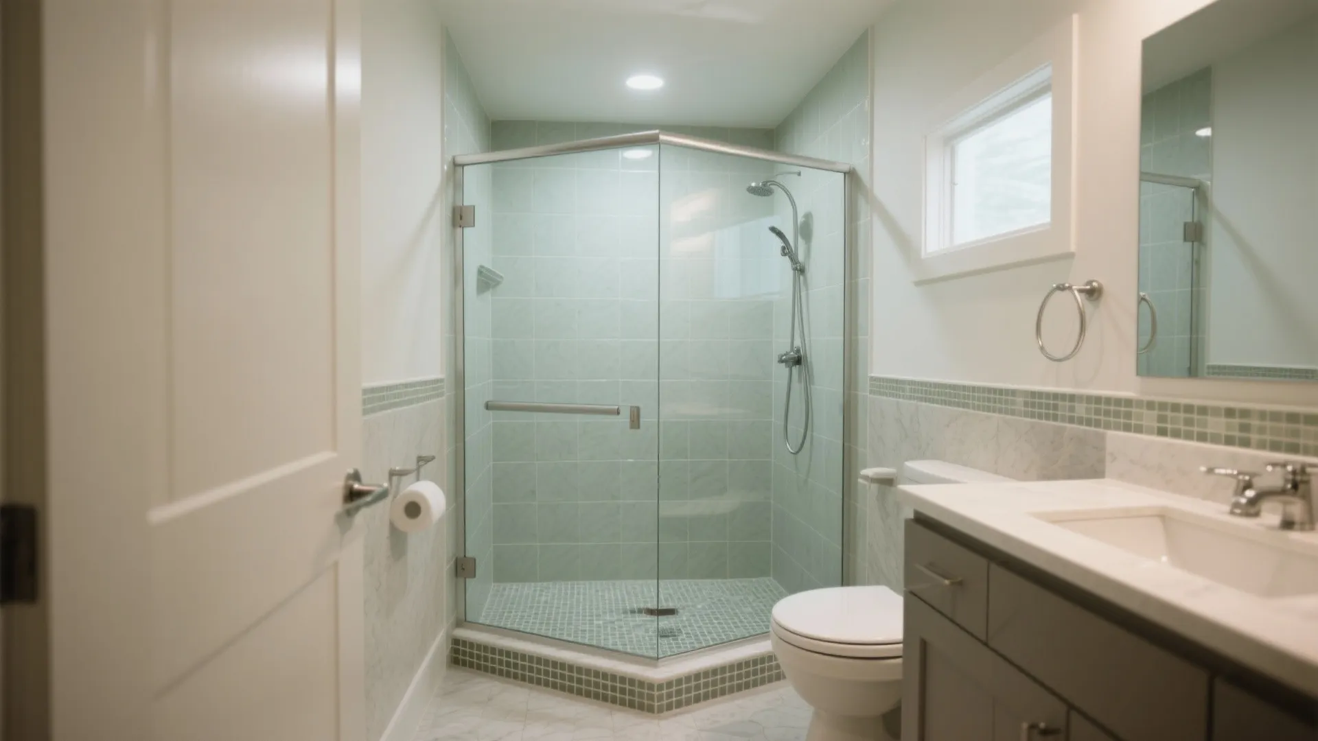 Corner or neo-angle showers to open floor area