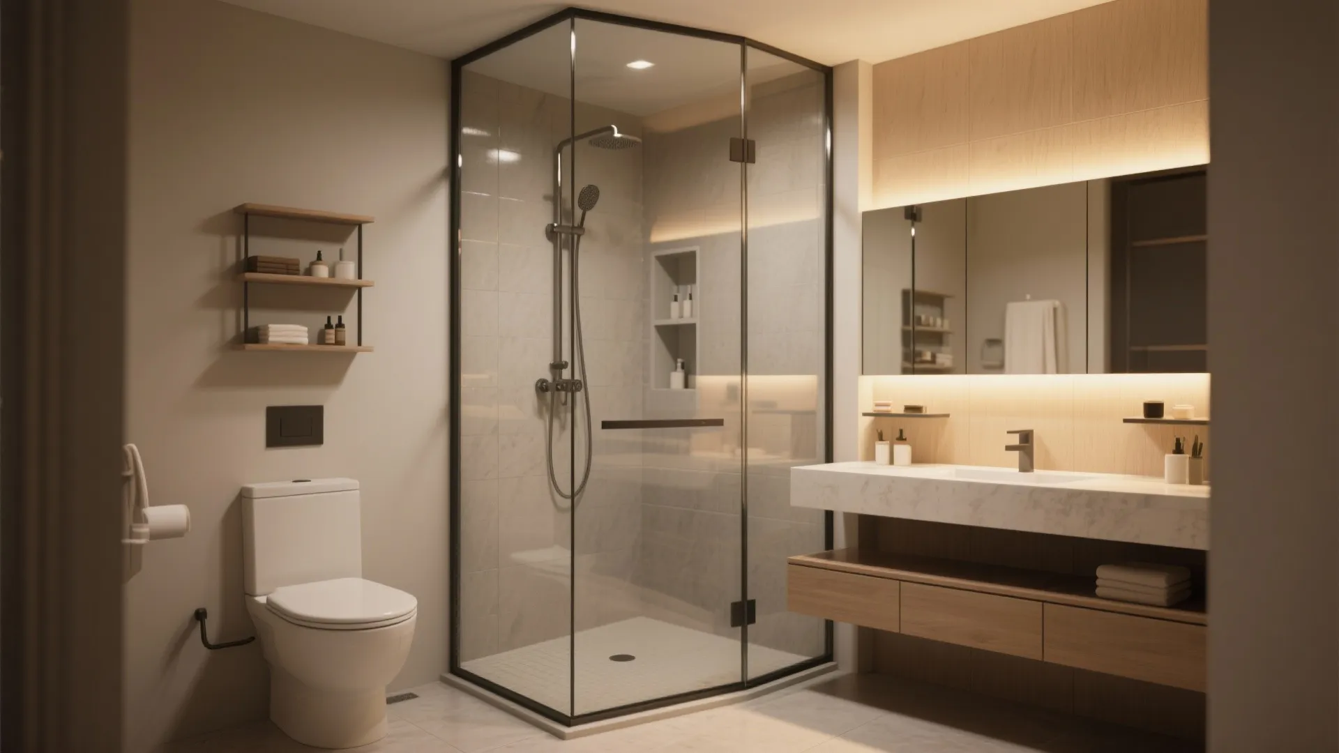 Contemporary bathroom with corner glass shower white toilet marble counter wooden cabinet and warm lighting