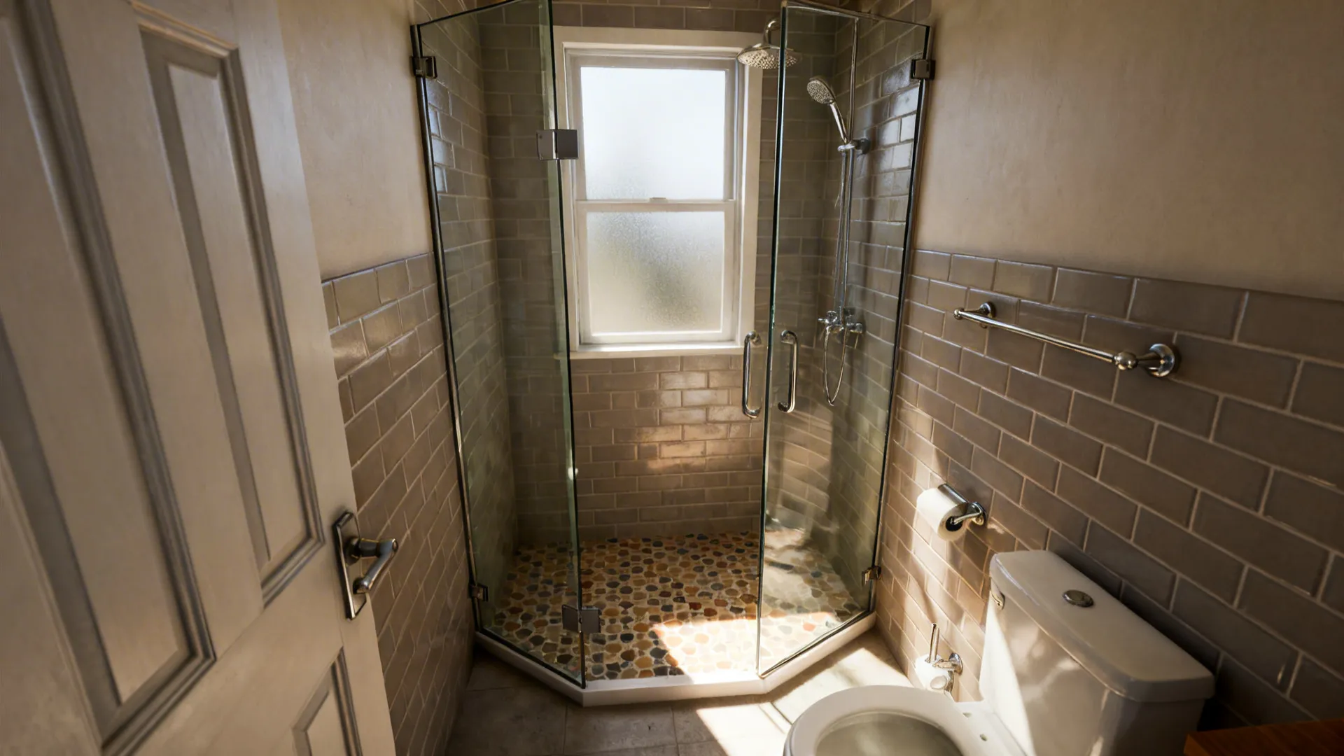Neo-angle corner shower with clear glass in a narrow bathroom, showing more open central floor space.