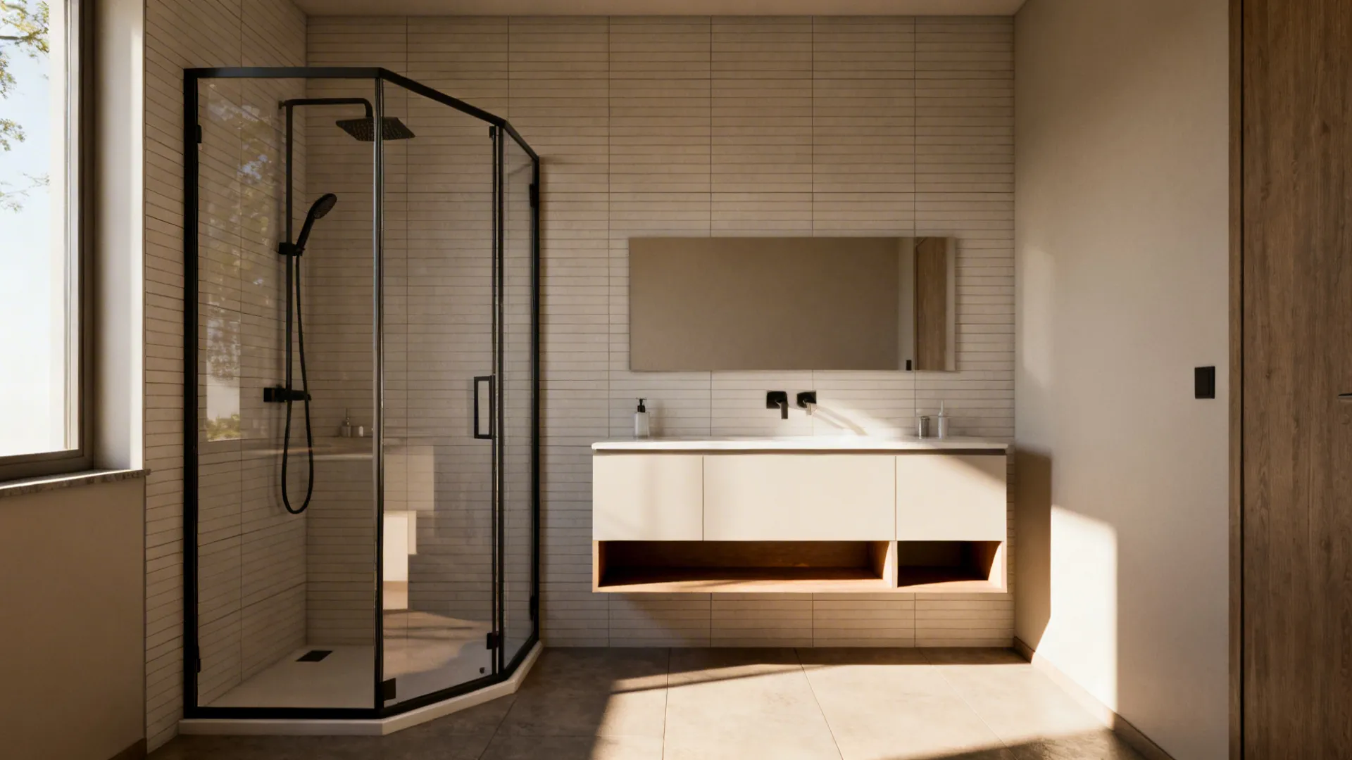 Neo-angle corner shower with an adjacent floating vanity revealing floor space beneath.