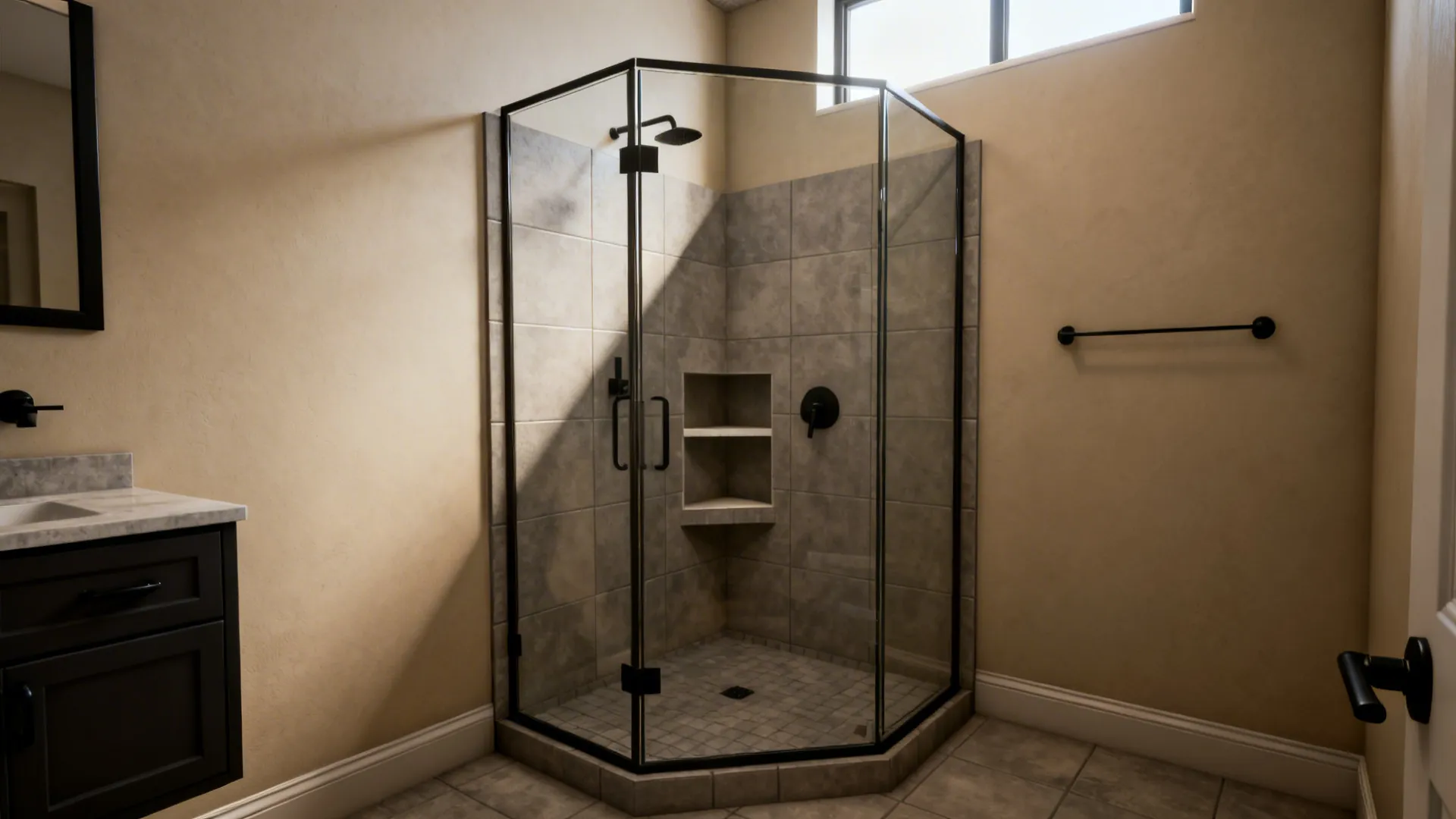 Compact bathroom with a corner neo-angle glass shower and wall-mounted vanity