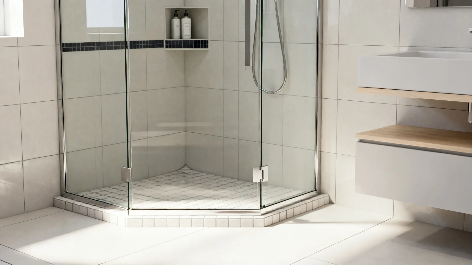Corner neo-angle glass shower with recessed niche and floating vanity in a small bathroom