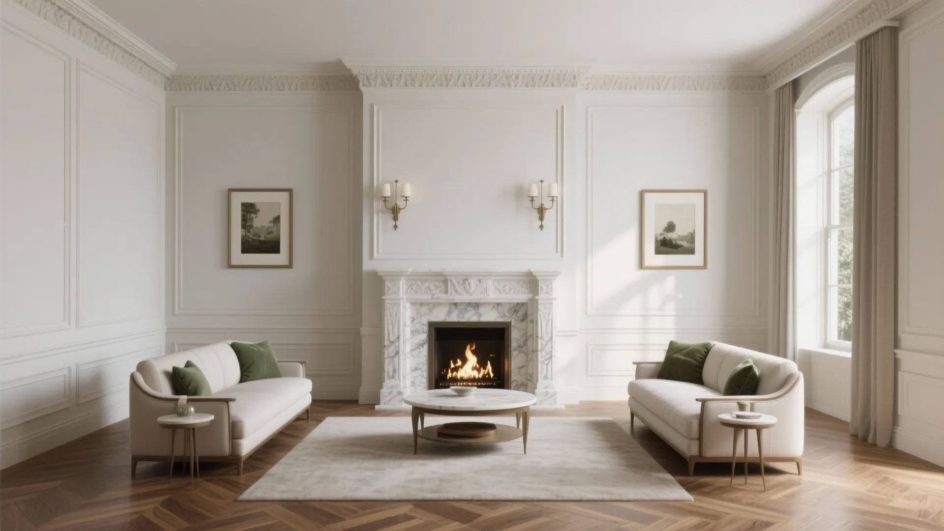 Symmetrical living room design with white wall panels marble fireplace two sofas and wall lights