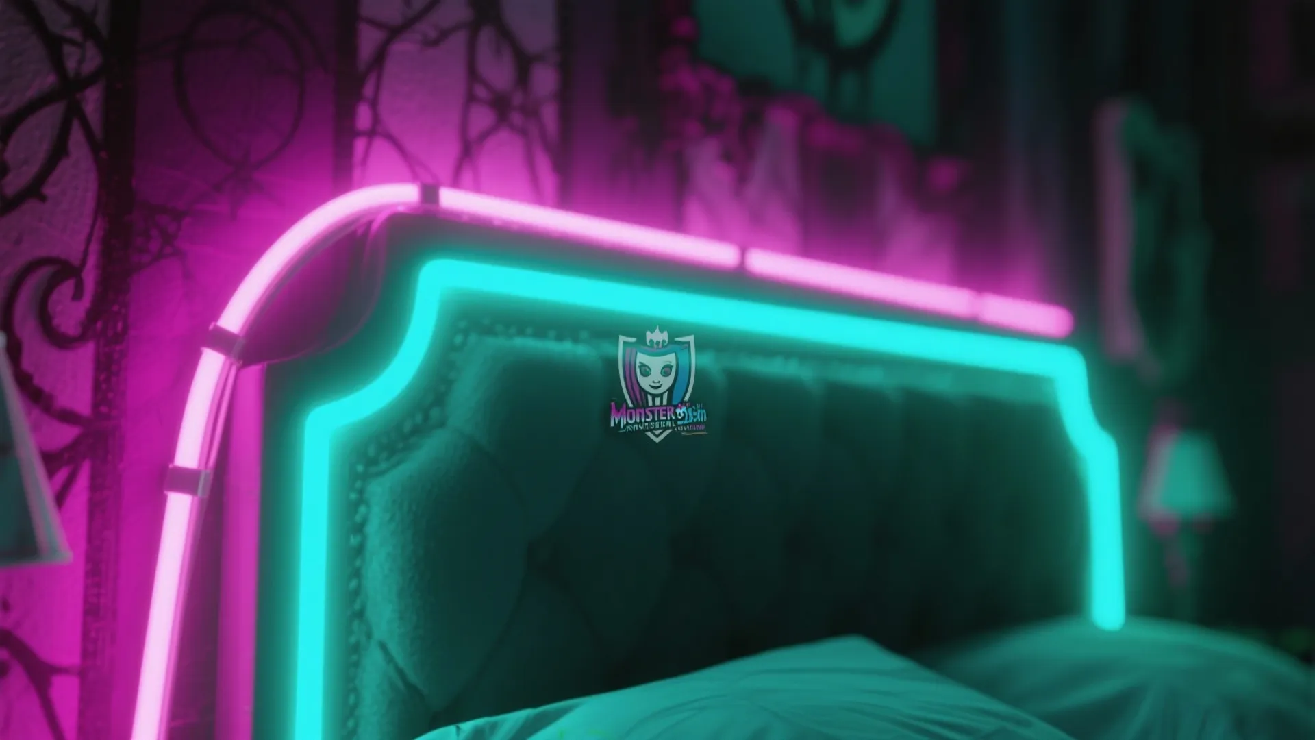 Neon LED lights highlighting bed frame in gothic bedroom