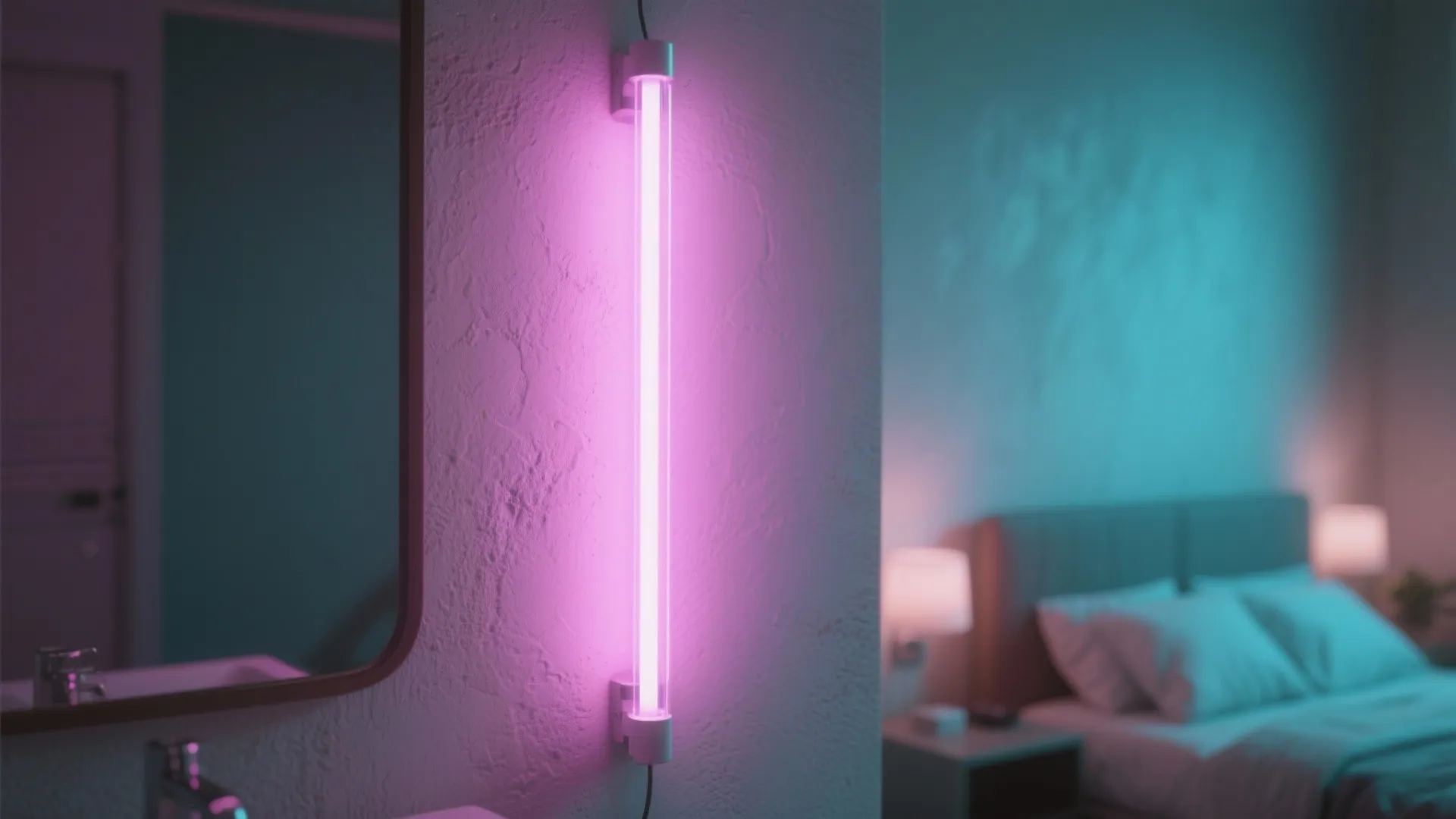 Purple wall light tube placed between a bathroom mirror and a bedroom with soft bedding
