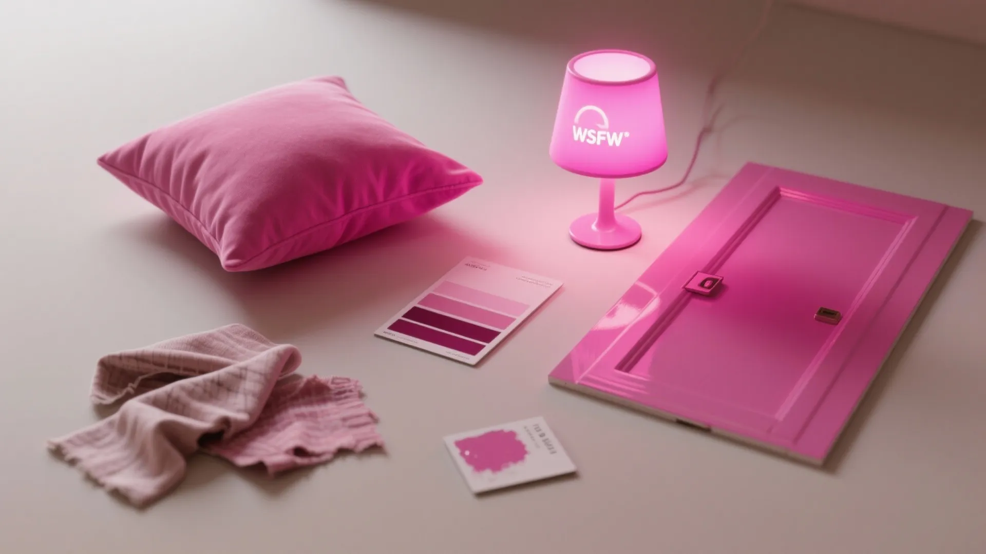 Flatlay of neon pink accessories: lamp, pillows, paint swatches and peel-and-stick panel samples.