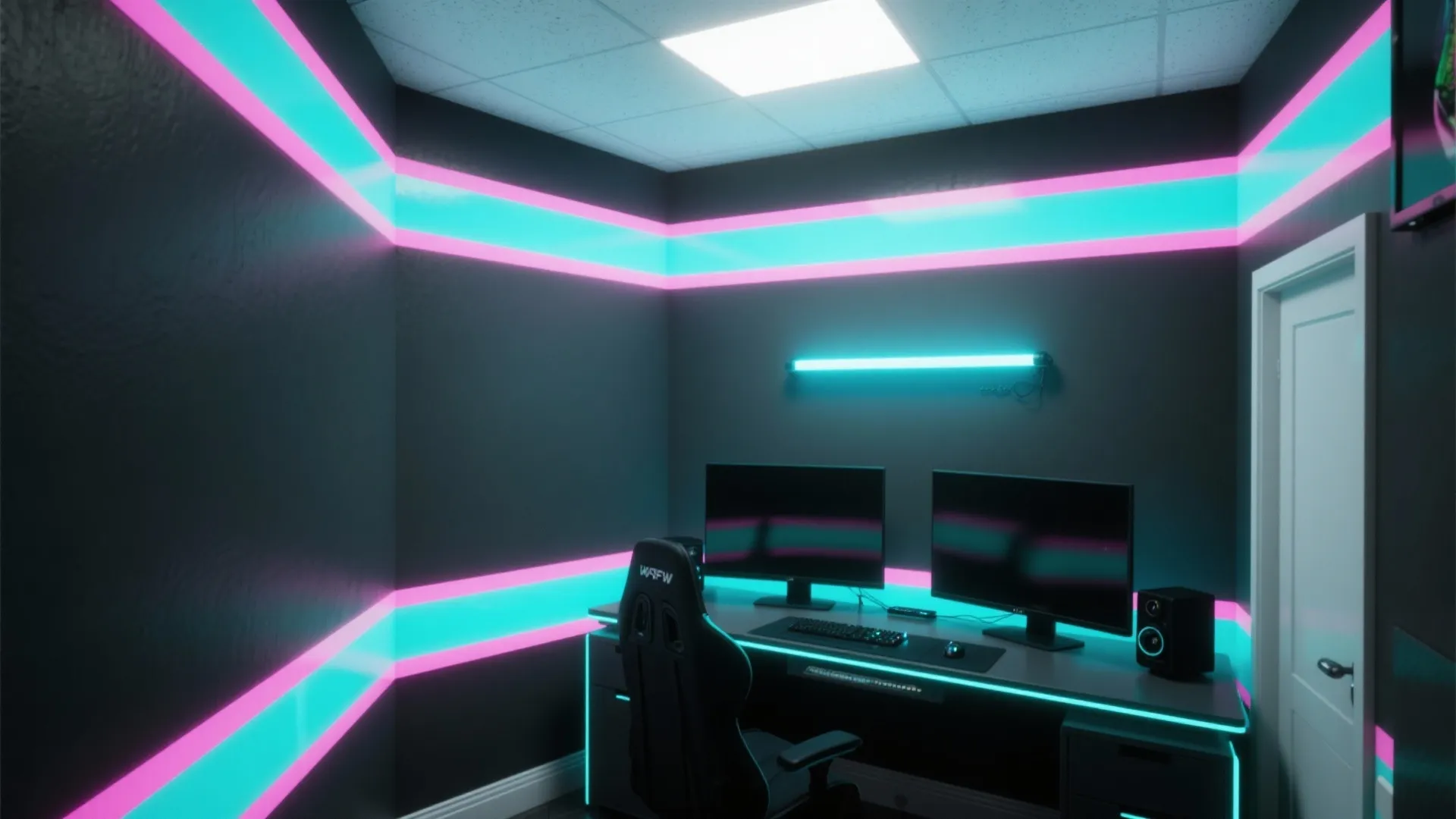 Gaming room with neon light strips on dark walls black desk two monitors and chair