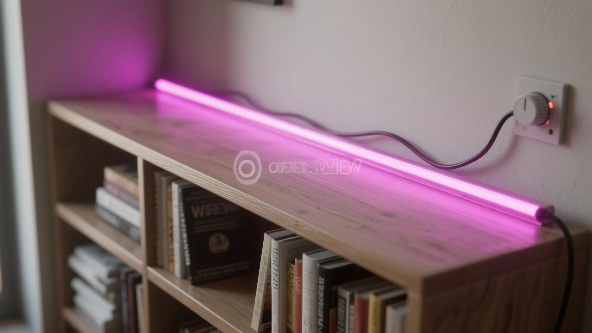LED neon strip above a low bookshelf casting a magenta ambient glow with tidy wiring and wood texture.