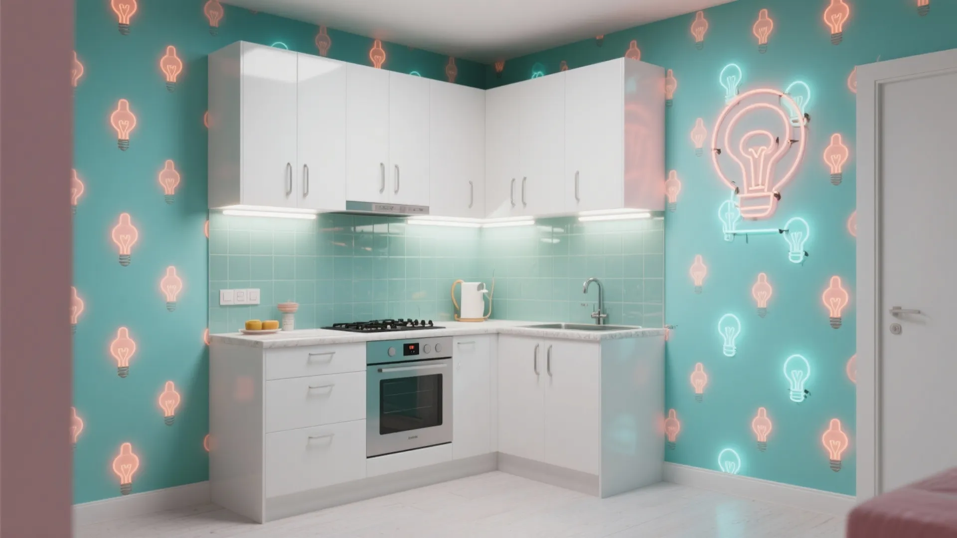 Playful neon bulb repeats for youthful studio kitchens