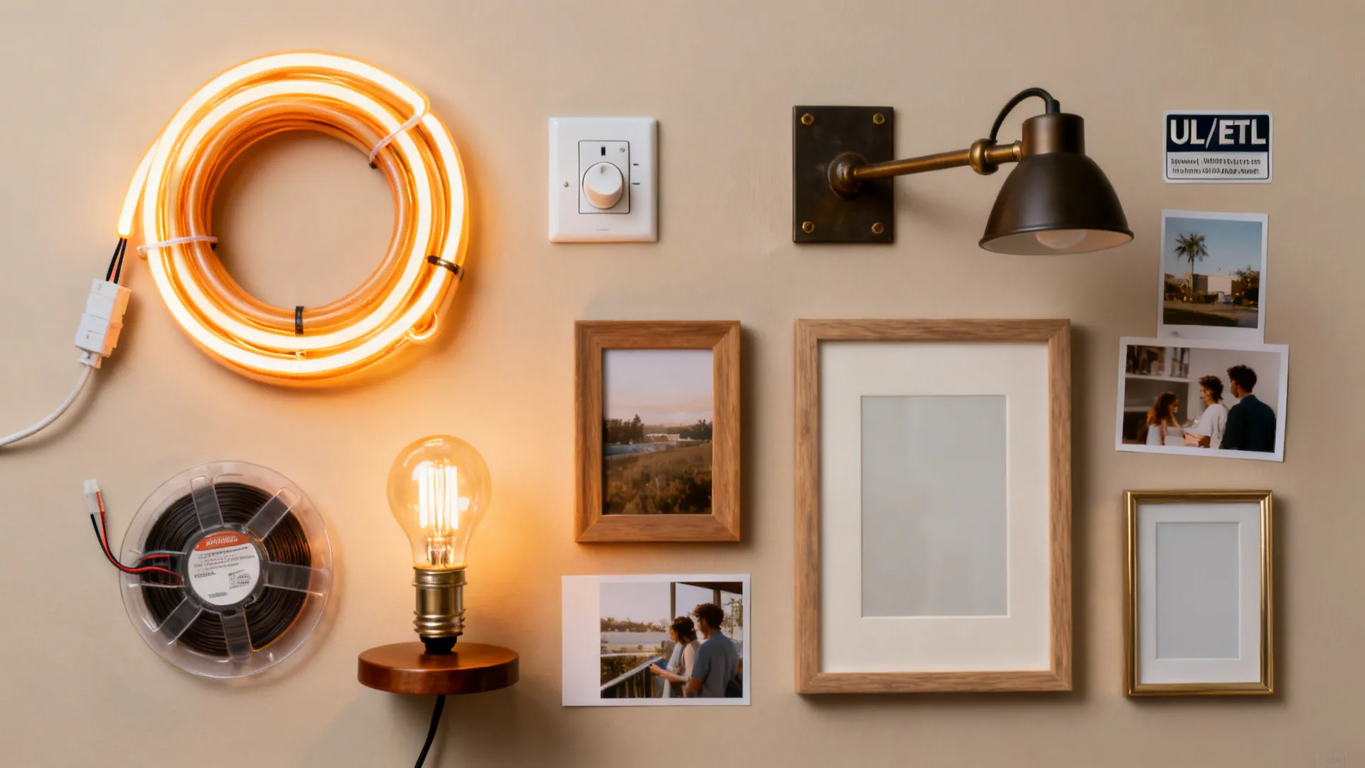 Flat lay of LED neon flex, dimmer, warm lamp, sconce parts, and matte frames for a collage wall.