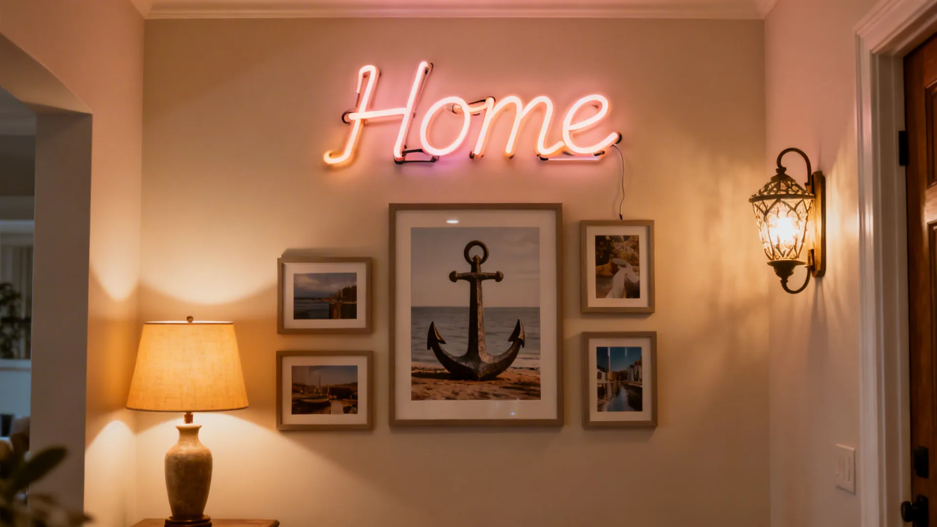 Photo collage anchored by a soft neon sign with layered warm lamps for balanced lighting.