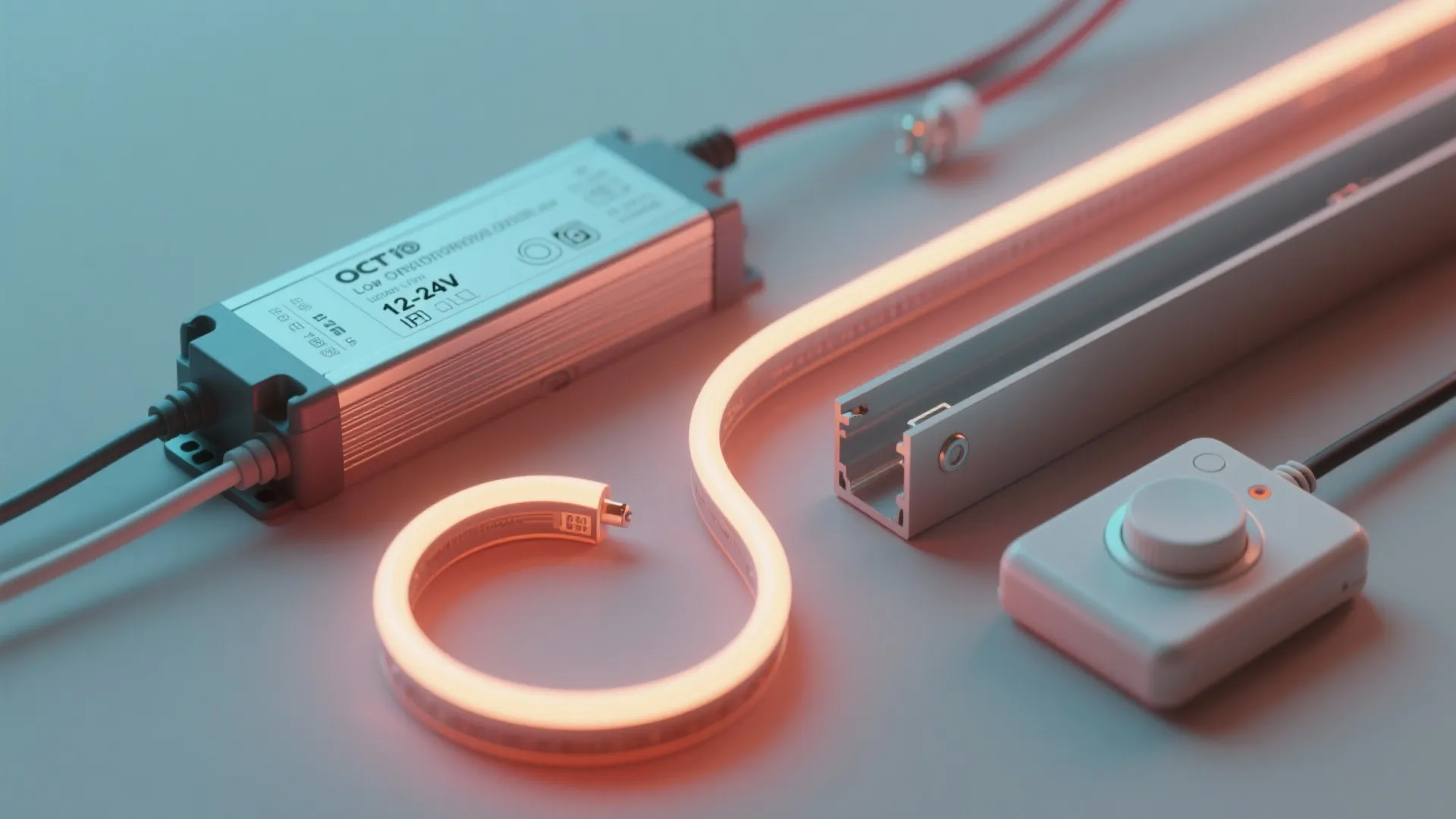 Light fixture parts including flexible neon strip light power adapter and a white dimmer switch