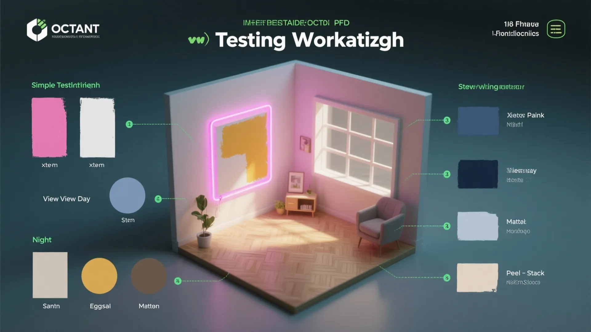 Top-down workflow infographic for testing neon paint patches, finishes and removable options in small rooms.