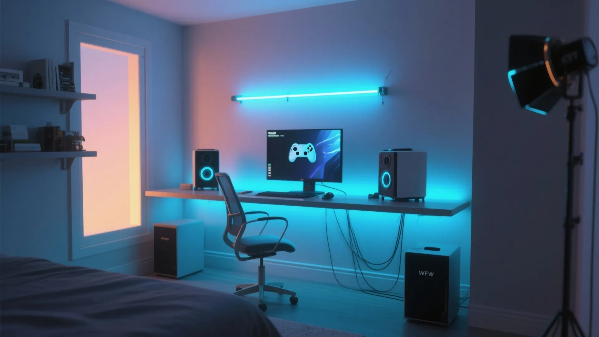 2. Over a Floating Desk — Gaming Vibe Meets Productivity