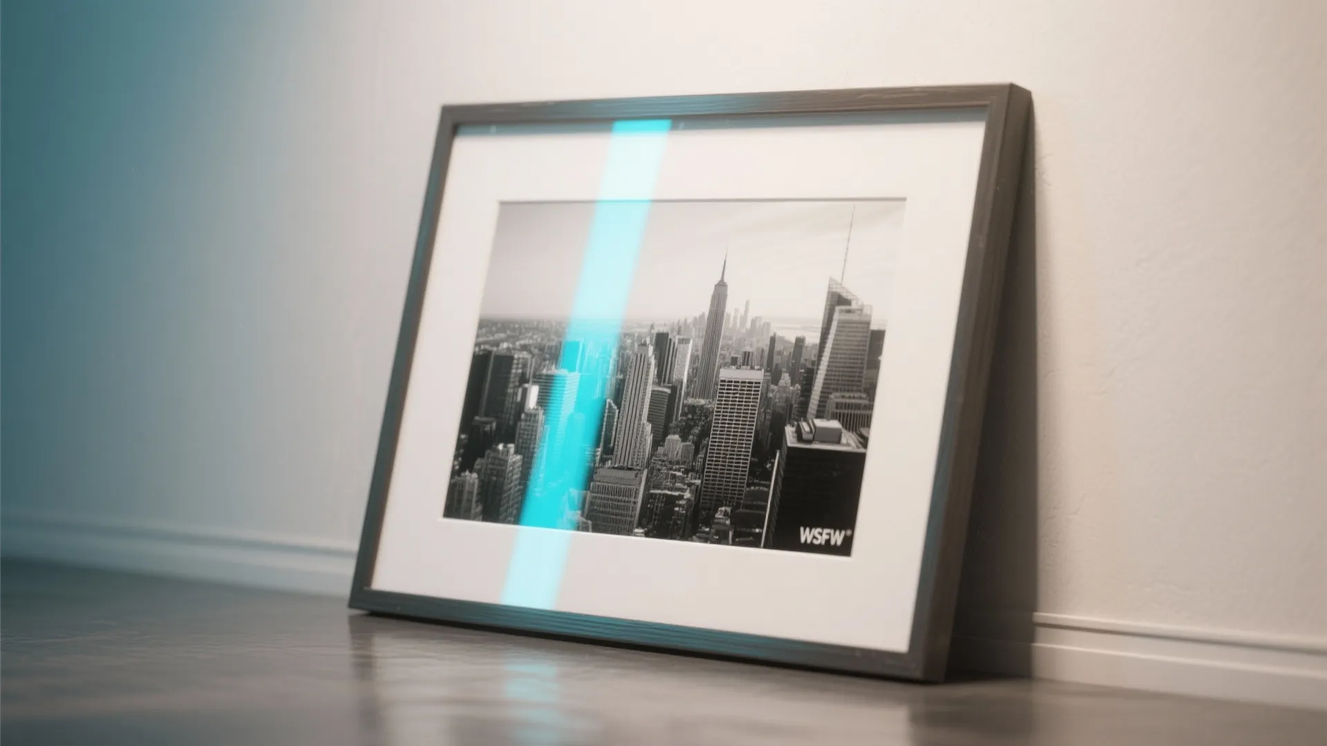 Black and white city picture frame leaning against a wall with a blue light reflection