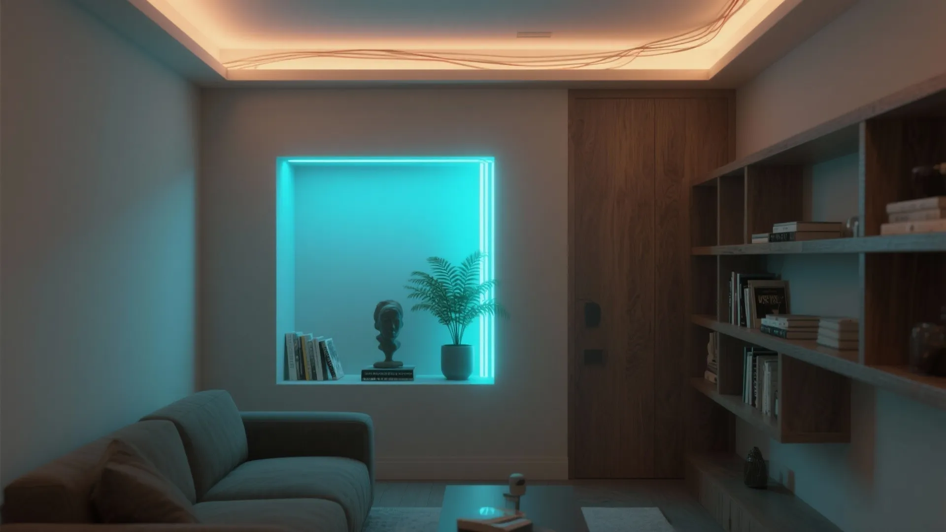 Modern living room featuring blue neon wall niche wood cabinet grey sofa and warm lighting