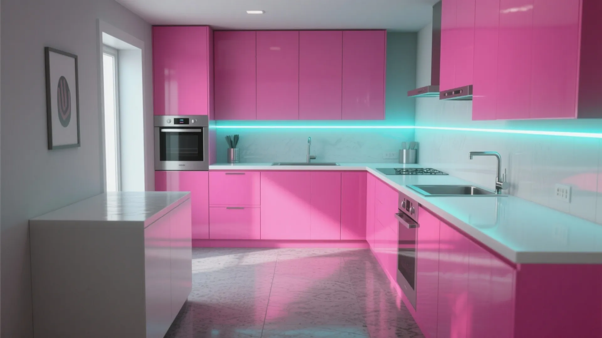 Compact kitchen with neon pink cabinets, matte white counters and a slim neon backsplash strip.