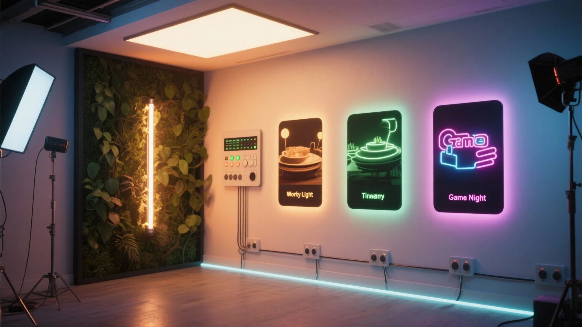 Modern room featuring wall panels with colorful neon lights and a green plant wall design