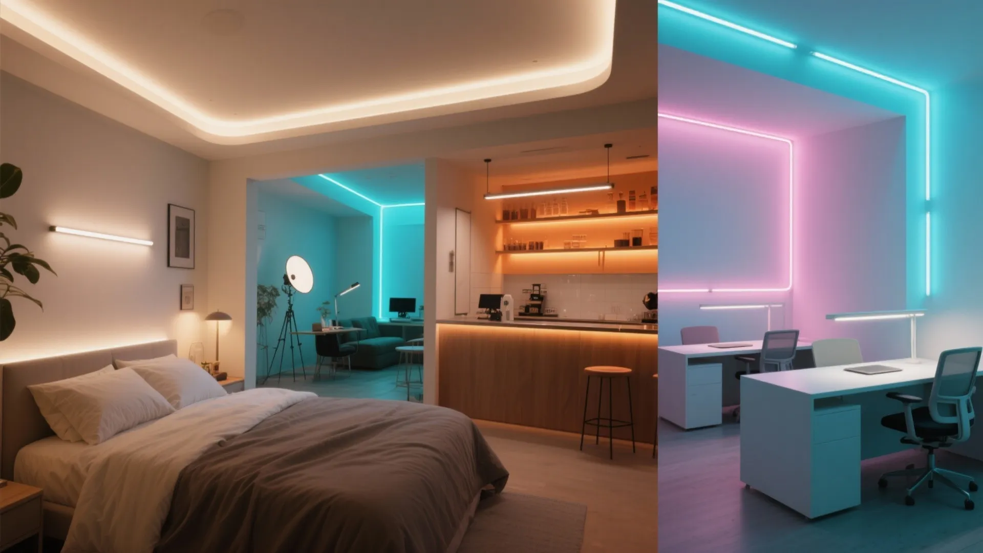 Modern home interior design drawing with neon blue and pink light fixtures in different rooms