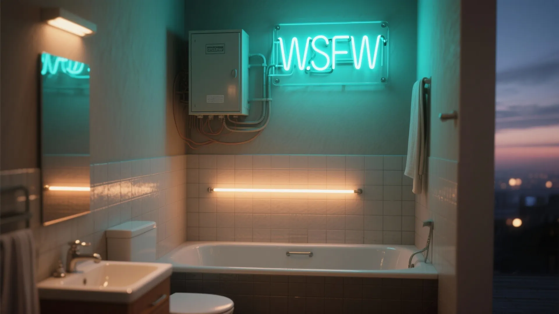 Cozy bathroom featuring a bathtub white toilet and bright neon light sign on the wall