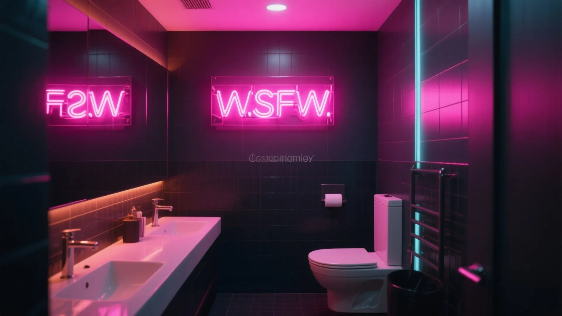 Modern dark bathroom with bright pink neon light double sinks white toilet and black tiles